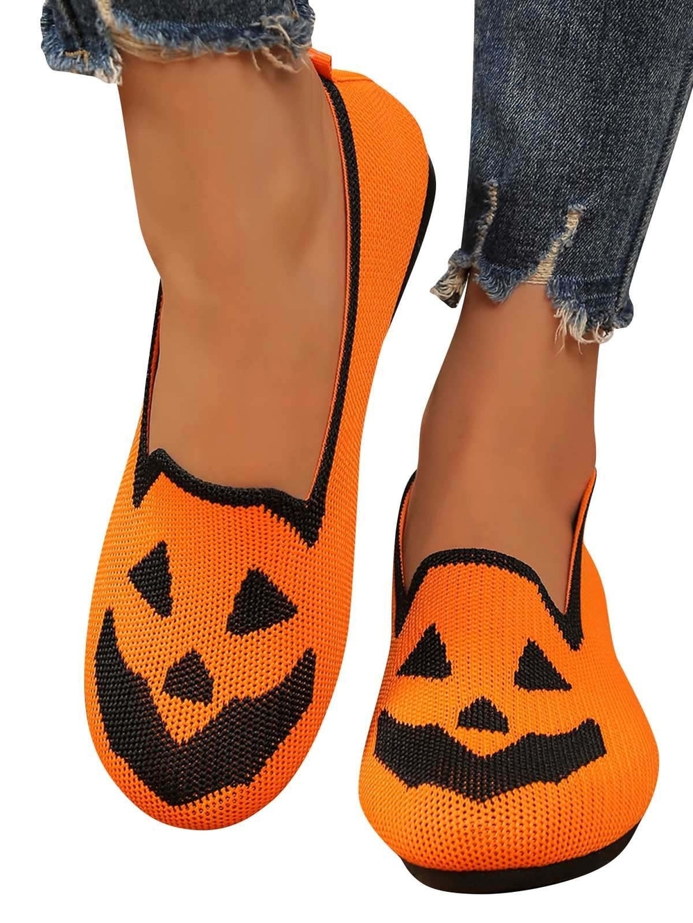 Women's Pumpkin Face Knit Slip-On Flats - Orange